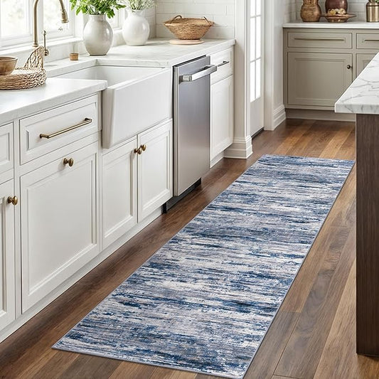 2x6 Modern Abstract Runner Rug for Hallways, Navy Blue Gray Neutral Multi Super Soft Hallway Decor Kitchen Rugs with Non-Slip, Non-Shedding Washable Rug for Entryway Bedroom Indoor