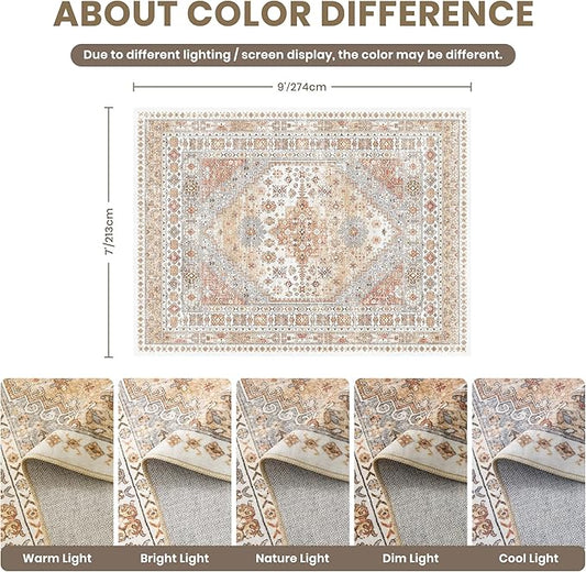 zesthome 7x9 Area Rug, Super Soft Washable Rugs for Living Room, Non-Slip Stain Resistant Vintage Rugs, Ultra-Thin Large Area Rugs (Orange,7'x9')