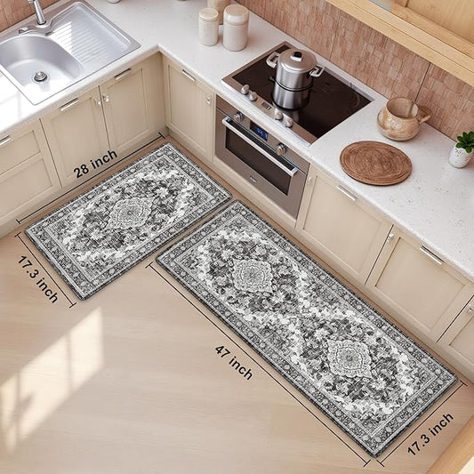 Boho Kitchen Mats for Floor 2 Piece Set Anti Fatigue Cushioned PVC Kitchen Rugs Non Slip Waterproof Farmhouse Mats 2/5 Inch Comfort Standing Mat for Sink, Laundry, Office, 17.3"x47"+17.3"x28", Grey