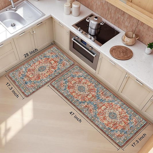 Boho Kitchen Mats for Floor 2 Piece Set Anti Fatigue Cushioned PVC Kitchen Rugs Non Slip Waterproof Farmhouse Mats 2/5 Inch Comfort Standing Mat for Sink, Laundry, 17.3"x47"+17.3"x28", Retro Red