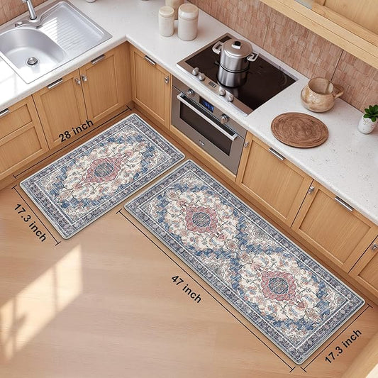 Boho Kitchen Mats for Floor 2 Piece Set Anti Fatigue Cushioned PVC Kitchen Rugs Non Slip Waterproof Farmhouse Mats 2/5 Inch Comfort Standing Mat for Sink, Laundry, 17.3"x47"+17.3"x28", Retro Blue