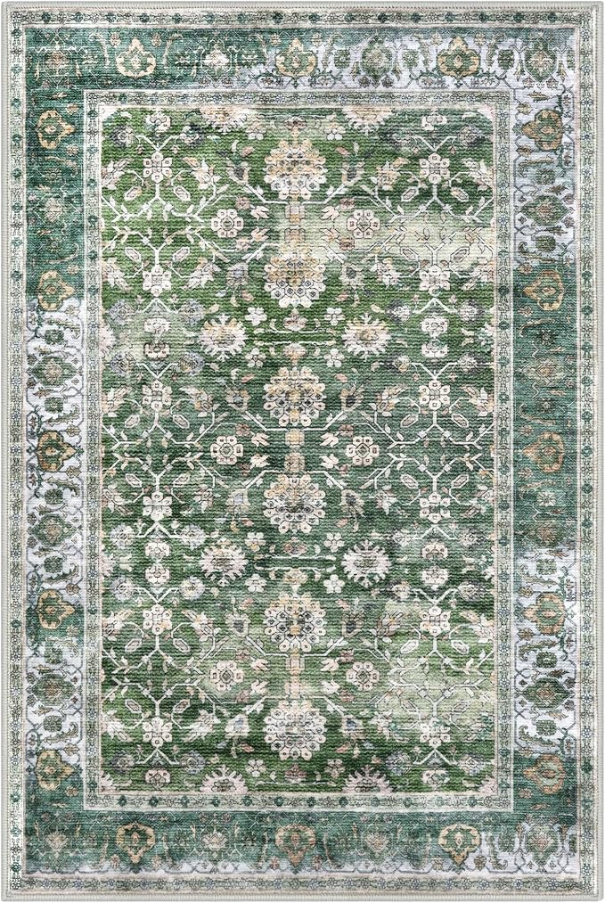 KUTA Vintage Floral Green Entryway Rug 2x3, Kitchen Rugs Non-Slip Washable Throw Rug, Ultra Thin Soft Print Front Door Mat Indoor Doormat for Entrance, Bedside, or Small Spaces