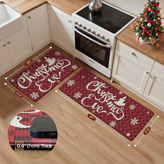 GENIMO Christmas Decorations - Kitchen Mats for Floor, 2PCS Christmas Kitchen Rugs, Cushioned Anti Fatigue Mat for Home Decor, Waterproof Non Slip Standing Mat for Laundry, 17.3"x47"+17.3"x30", Red