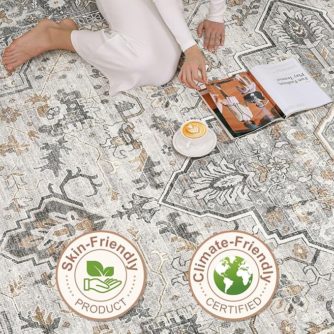 10x14 Area Rugs Living Room: Washable Boho Large Neutral Vintage Soft Rug Stain Resistant Distressed Farmhouse Non-Slip Indoor Floor Carpet for Bedroom Nursery Kids Office Dining Room- Taupe