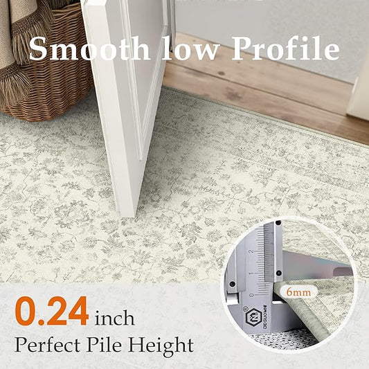 2x6 Grey Runner Rug Hallway Non Slip Kitchen Vintage Distressed Long Carpet Indoor Machine Washable Retro Floral Bedroom Accent Throw Rug for Office Laundry Bathroom Dining Living Room