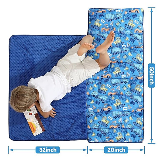 Viviland Toddler Kid Nap Mat for Preschool, Boys Blue Car Slumber Bag, Daycare Sleeping Bag with Pillow and Blanket, Kindergarten Sleep Mat
