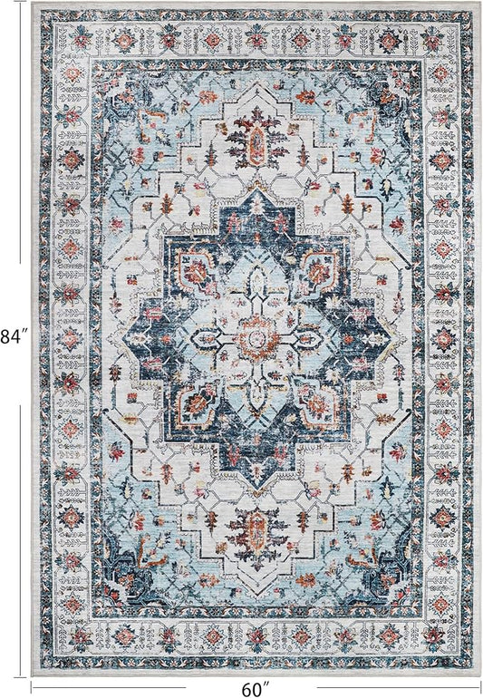 zesthome Washable Rug 5x7 Area Rugs,Stain Resistant Rugs for Living Room,Bedroom,Non-Slip Backing Home Decor Rug, Vintage Medallion Pattern Rugs (Blue,5'x7')