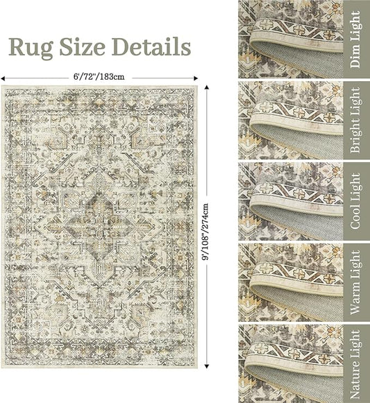 zesthome 6x9 Area Rug, Super Soft Washable Rugs for Living Room, Non-Slip Stain Resistant Vintage Rugs, Ultra-Thin Large Area Rugs (Beige/Brown,6'x9')