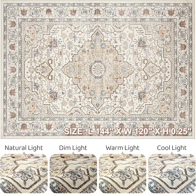 10x12 Area Rug Living Room: Washable Boho Large Neutral Vintage Soft Rugs Stain Resistant Farmhouse Non Slip Indoor Floor Carpet for Bedroom Nursery Kids Playroom Office Dining Room- Cream Blue