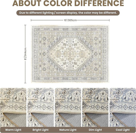 zesthome 8x10 Area Rugs for Living Room,Non-Slip Backing Washable Rugs,Vintage Large Area Rug,Stain Resistant Home Decor Rug (Beige,8'x10')