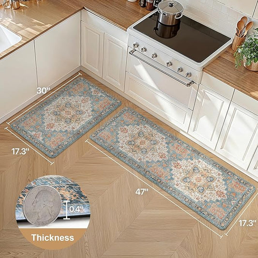 GENIMO Kitchen Mats for Floor 2PCs, Washable Anti Fatigue Mat for Cushioned, 17.3"x47"+17.3"x30", Waterproof Kitchen Rugs, Non Slip Comfort Standing Mat Rug for Home, Sink, Laundry, Blue&Salmon
