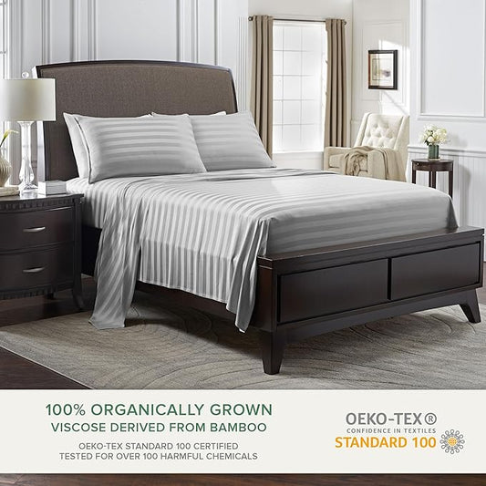 Pure Bamboo Split King Sheets, Genuine 100% Organic Viscose Derived from Bamboo Bed Sheet Set, Soft & Cooling, Double Stitching, 2 Fitted Sheets (Split King, Jacquard Silver)