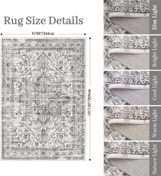 zesthome 8x10 Area Rugs for Living Room,Non-Slip Backing Washable Rugs,Vintage Large Area Rug,Stain Resistant Home Decor Rug (Grey/White,8'x10')