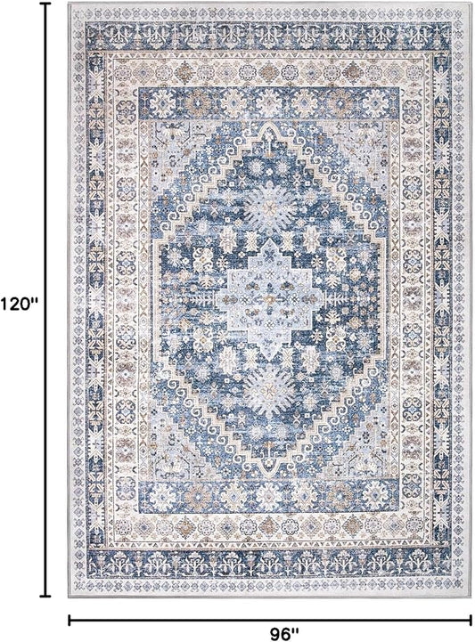 zesthome 8x10 Area Rugs for Living Room,Non-Slip Backing Washable Rugs,Vintage Large Area Rug,Stain Resistant Home Decor Rug (Blue/Beige,8'x10')