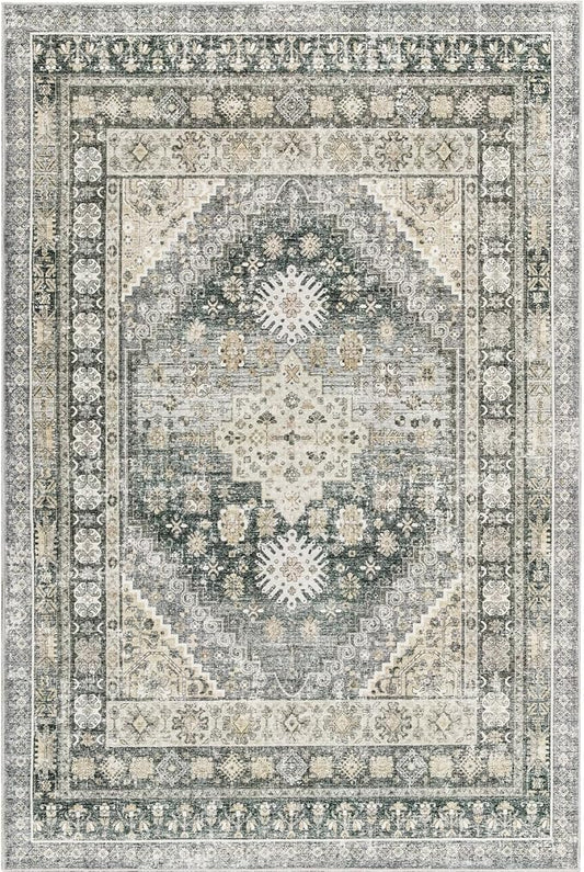 zesthome 8x10 Area Rugs for Living Room,Non-Slip Backing Washable Rugs,Vintage Large Area Rug,Stain Resistant Home Decor Rug (Wheat/Charcoal,8'x10')