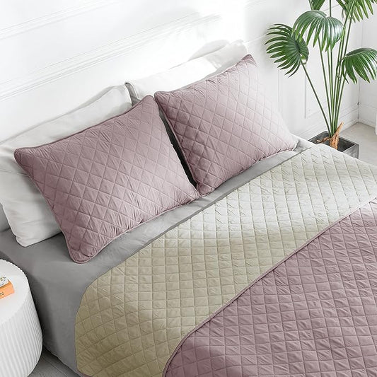 Easy-Going Twin Size Reversible Quilt Set with 1 Quilt and 1 Pillow Sham, Soft Bed Quilt Cover, Water Resistant Lightweight Microfiber Bedspread, Stain Resistant, Pink/Beige
