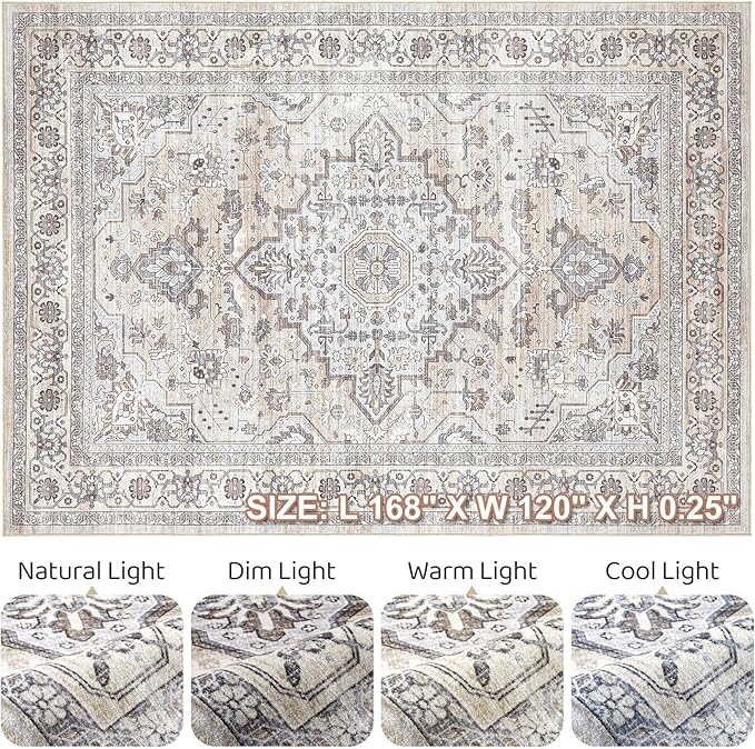10x14 Area Rugs Living Room: Washable Boho Large Neutral Vintage Soft Rug Stain Resistant Farmhouse Non Slip Indoor Floor Carpet for Bedroom Nursery Kids Playroom Office Dining Room- Ivory Gray