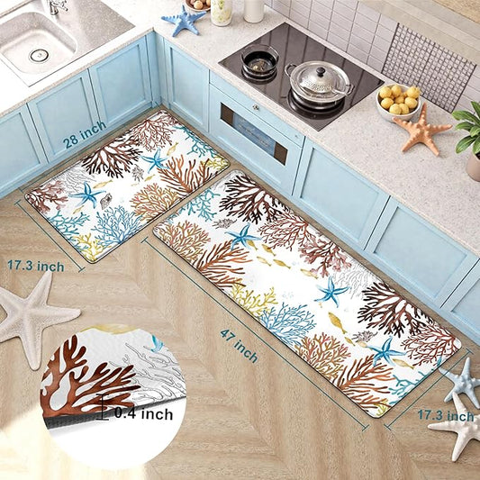 Kitchen Mats for Floor Cushioned Anti Fatigue Sets of 2 Coastal Kitchen Rugs Non Slip Waterproof Nautical Foam Kitchen Floor Rug Beach Theme Coral Fish Comfort Standing Mat for Sink Laundry, Red