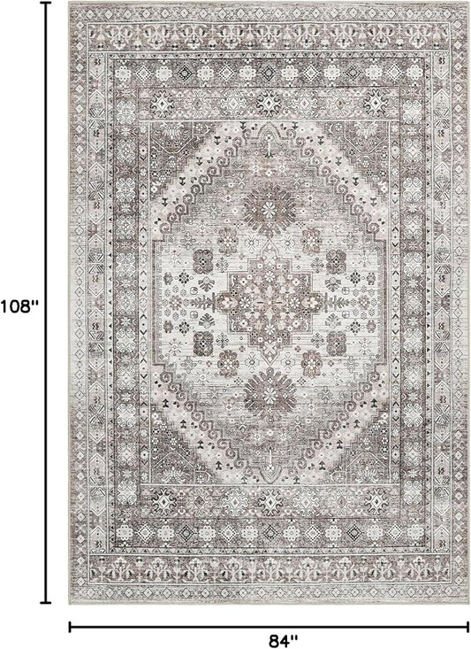 zesthome 7x9 Area Rug, Super Soft Washable Rugs for Living Room, Non-Slip Stain Resistant Vintage Rugs, Ultra-Thin Large Area Rugs (Brown/Beige,7'x9')