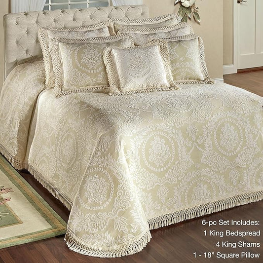 Timeless Vintage Style Bedding | Neutral Sage and Ecru | Textured Matelasse Rose Medallions and Leaves | 6 Piece Lightweight Bed Set: Oversized King Bedspread, 4 King Shams, & Square Decorative Pillow