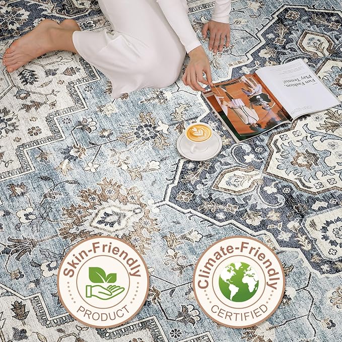 10x12 Area Rug Living Room: Washable Boho Large Neutral Vintage Soft Rugs Stain Resistant Farmhouse Non-Slip Indoor Floor Carpet for Bedroom Nursery Kids Playroom Office Dining Room- Tan Blue