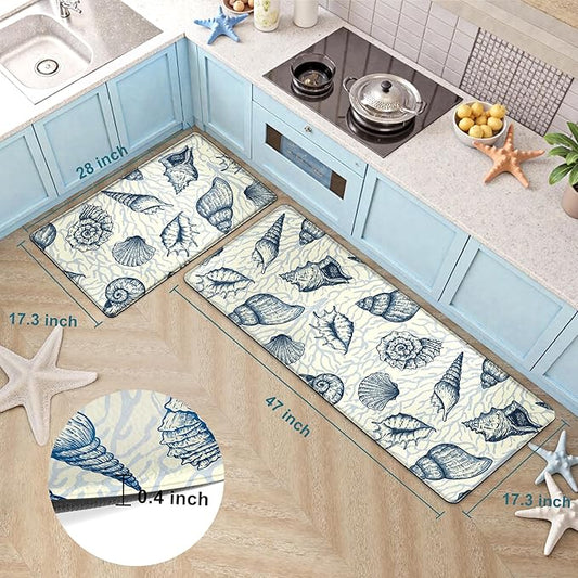 Kitchen Mats for Floor Cushioned Anti Fatigue Sets of 2 Beach Theme Kitchen Rugs Non Slip Waterproof Coastal Foam Kitchen Floor Rug Nautical Coral Seashell Comfort Standing Mat for Sink Laundry, Navy