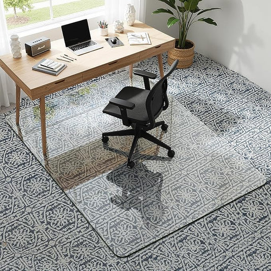 45"x60" Tempered Glass Office Chair Mat for Carpet & Hardwood Floor, 1/5" Thick Clear Floor Protector Desk Chair Mat with Rounded and Polished Edges
