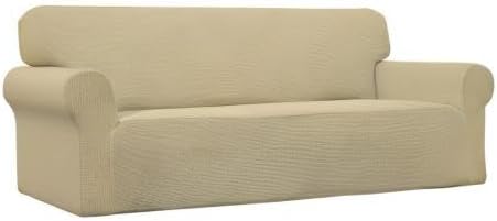 Easy-Going Stretch Sofa Slipcover 1-Piece Sofa Cover Furniture Protector Couch Soft with Elastic Bottom for Kids, Polyester Spandex Jacquard Fabric Small Checks (Sofa, Beige)