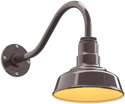 Steel Lighting Co. Hawthorne Barn Light | Outdoor Wall Mounted | 8 inch Dome | 16" Gooseneck | Small Farmhouse Light Made in America | Dark Bronze Exterior/Brass Interior