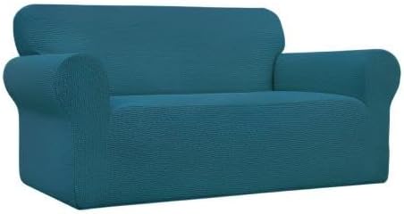 Easy-Going Stretch Loveseat Slipcover 1-Piece Sofa Cover Furniture Protector Couch Soft with Elastic Bottom for Kids Polyester Spandex Jacquard Fabric Small Checks (Loveseat, Peacock Blue)