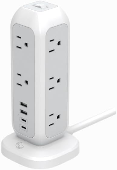 [White Lunar] Power Strip Tower with Surge Protector – 11 AC Outlets, 4 USB Ports (2 USB-A & 2 USB-C), 6ft Heavy-Duty Flat Plug Extension Cord for Home, Office & Dorm Essentials