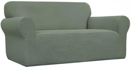 Easy-Going Stretch Loveseat Slipcover 1-Piece Sofa Cover Furniture Protector Couch Soft with Elastic Bottom for Kids Polyester Spandex Jacquard Fabric Small Checks (Loveseat, Greyish Green)