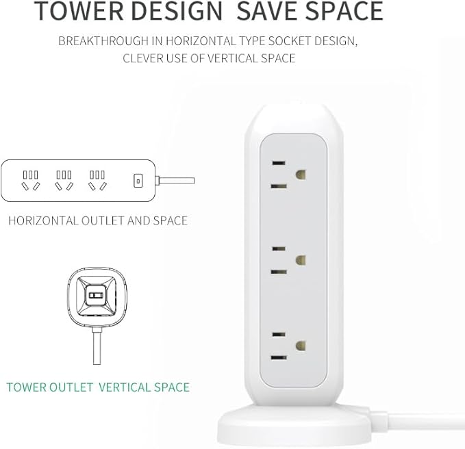 [White Lunar] Power Strip Tower with Surge Protector – 11 AC Outlets, 4 USB Ports (2 USB-A & 2 USB-C), 6ft Heavy-Duty Flat Plug Extension Cord for Home, Office & Dorm Essentials