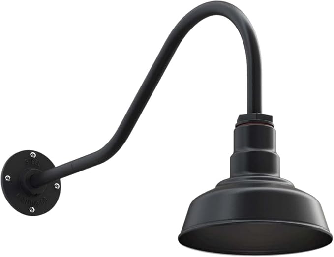 Steel Lighting Co. Hawthorne Barn Light | Outdoor Wall Mounted | 8 inch Dome | 23 inch Gooseneck| Small Farmhouse Light Made in America | Matte Black Exterior/Matte Black Interior