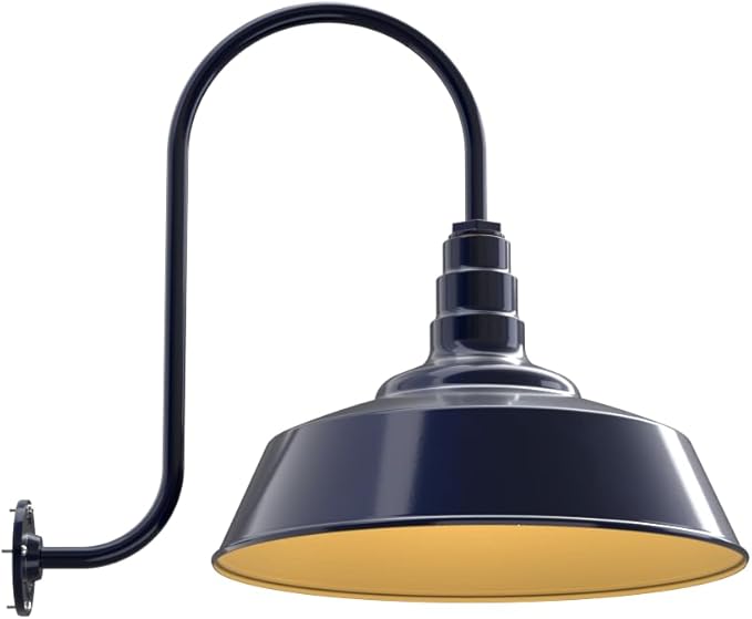 Steel Lighting Co. Large Outdoor Barn Light | Gooseneck Light Fixture | Made in America from 18-Gauge Steel | 20" Dome | Upward Sloping Gooseneck Navy Blue Exterior/Brass Interior
