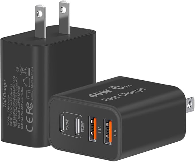 TT&C USB C Block 40W, 4 Ports Wall Plug Fast Charging Block, PD+QC Multiport Power Adapter USB C Charger Type C for iPhone 17, 17 Air, 17 Pro, 17 Pro Max, 16,15,14,13,12, Galaxy Phones-(Black 2Pack)