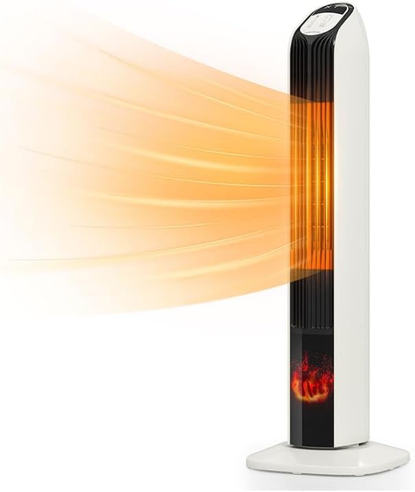 Zynkez 33" Space Heaters for Indoor Use Large Room, 1500W PTC Tower Fireplace Heater with 3D Flame, Room Heater w/Remote Control,12H Timer & Oscillation, Portable Electric Heaters for Bedroom, Beige