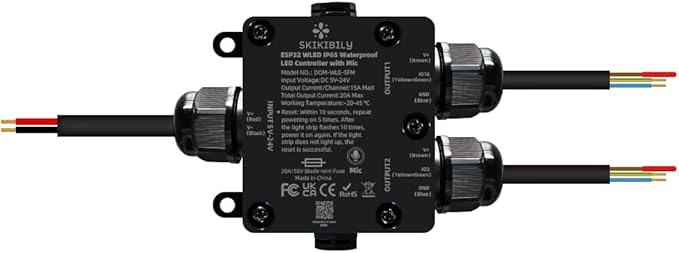 Skikibily ESP32 WLED LED Controller with Mic for Music Sync, APP/Web Control, IP65 Waterproof, 5V/12V/24V WS2812B SK6812 WS2811 RGBIC Addressable LED Strip Lights, 20A Output Fuse Protection
