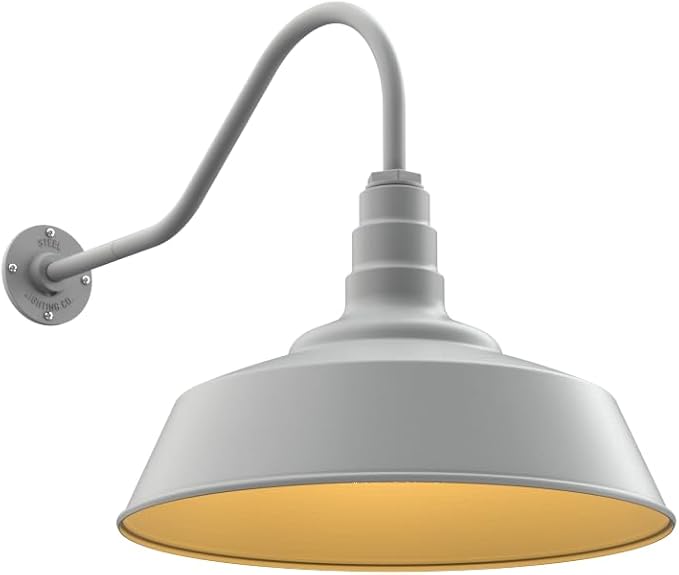 Steel Lighting Co. Large Outdoor Barn Light | Gooseneck Light Fixture | Made in America from 18-Gauge Steel | 20" Dome | 23" Gooseneck Modern Gray Exterior/Brass Interior