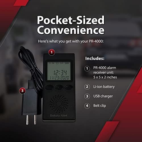 Wireless Driveway Alarm Portable Receiver PR-4000 - Compatible with Dakota Alert 4000 Transmitters | Battery-Powered Monitor Comes with USB Charger & Belt Clip, Driveway Alarms Wireless