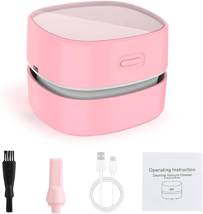 ODISTAR Desktop Vacuum Cleaner,Mini Table dust Sweeper Energy Saving,High Endurance up to 400 mins,Cordless&360º Rotatable Design for Cleaning Hairs,Crumbs,Computer Keyboard (Pink Charging)