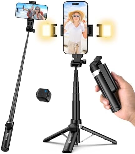 Kinwald 3-in-1 Phone Tripod with LED Lights & Remote, Extendable Selfie Stick Tripod Stand, Compact Portable with Bluetooth Remote for iPhone/Android Vlogging & Photography (White)
