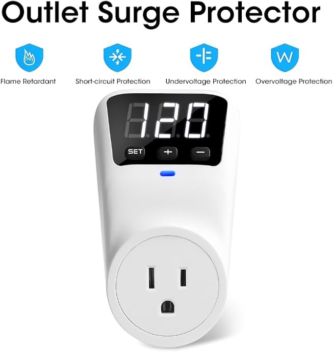 Smart Surge Protector Voltage Stabilizer Fireproof UL94V-1 Wall Mount Surge Protector Outlet for Refrigerator, TV & Heavy-Duty Appliances w/Real-Time Monitoring & Custom Voltage 80V-140V