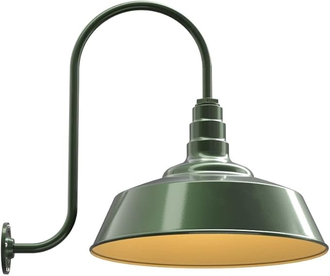 Steel Lighting Co. Large Outdoor Barn Light | Gooseneck Light Fixture | Made in America from 18-Gauge Steel | 20" Dome | Upward Sloping Gooseneck Hunter Green Exterior/Brass Interior