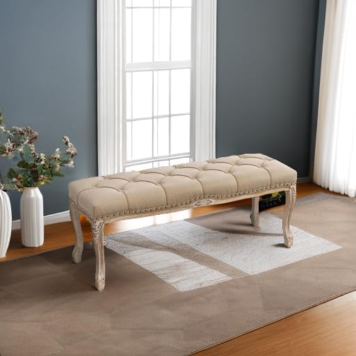 Bedroom Bench, French Vintage Tufted Entryway Bench, 45.2" Carving Upholstered - Image 5