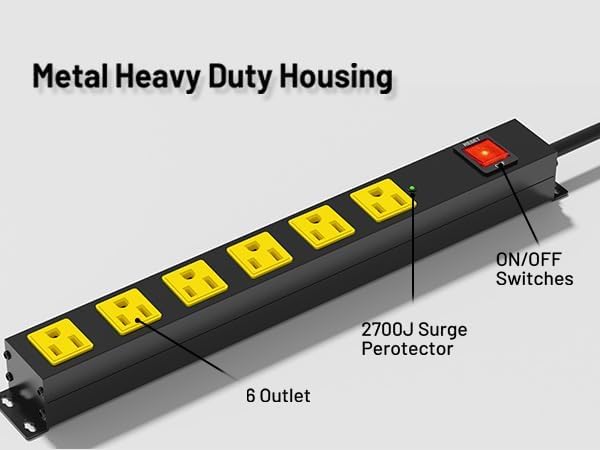 Heavy Duty 6 Outlet Metal Long Power Strip, 2700J Surge Protector with 15A Circuit Breaker, 6FT Extension Cord, Wall Mount for Garage, Workshop & Industrial Use, Wide Spaced (2 Pack 6ft)