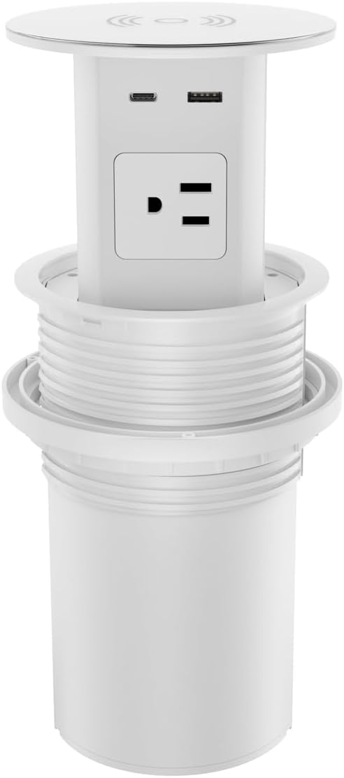 MAZZGOFOR Pop up Outlet - 4-inch Hole,4-AC Outlet,20W USB C,15W Wireless Charging,2-USB Port,Desktop Recessed Grommet Power Outlet for Kitchen Island Countertop,6 ft Cable,White