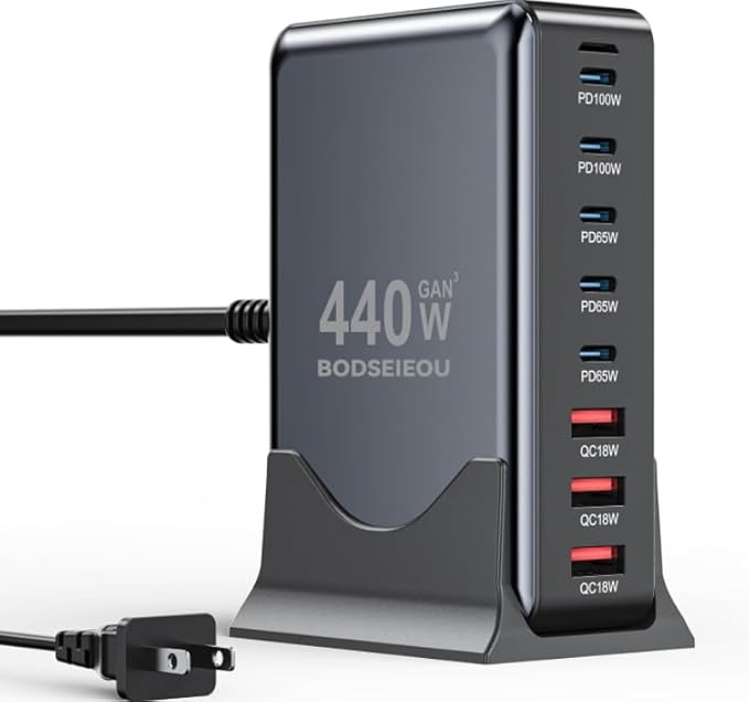 BODSEIEOU USB C Charger Block 440W Charging Station Hub,8 Port GaN III Fast Charging Brick with 5ft Extension Cord,PD PPS 100W Laptop Power Adapter for MacBook Pro/Air,iPhone 17/16,Samsung Galaxy,Dell