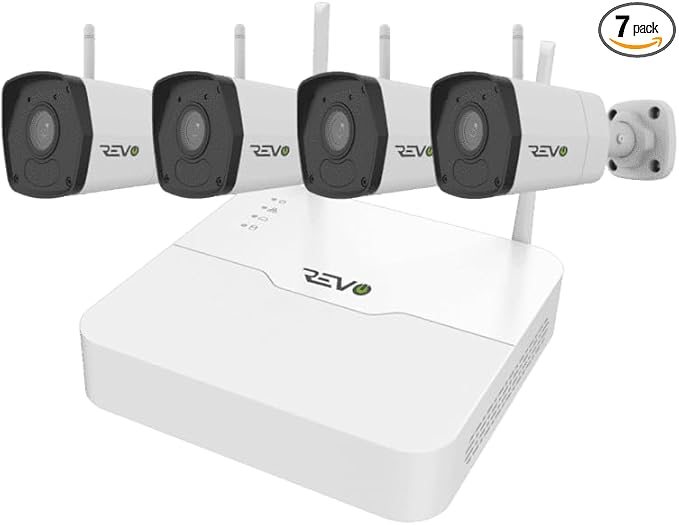 Revo Ultra Wireless 4-Channel Security System NVR with 1TB HDD, 4X 1080p (2MP) Indoor/Outdoor IR Wi-Fi Bullet Cameras, 105° Coverage, Remote Access via Smartphone, PC and MAC (No Monthly Fees)