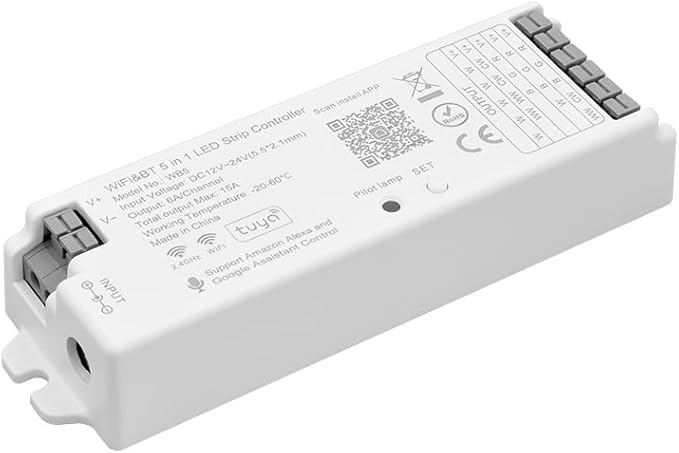 FCOB 5in1 WB5 2.4GHz WiFi PWM LED Controller Compatible with Alexa Google Home Smart Life Tuya APP for Dimming CCT RGB RGBW RGBCCT LED Strip Light Controller Works with WR01RF WR02RF, DC12V-24V